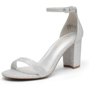 New DREAM PAIRS Women's Chunk Low Heel Pump Sandals, Silver Glitter Size 8